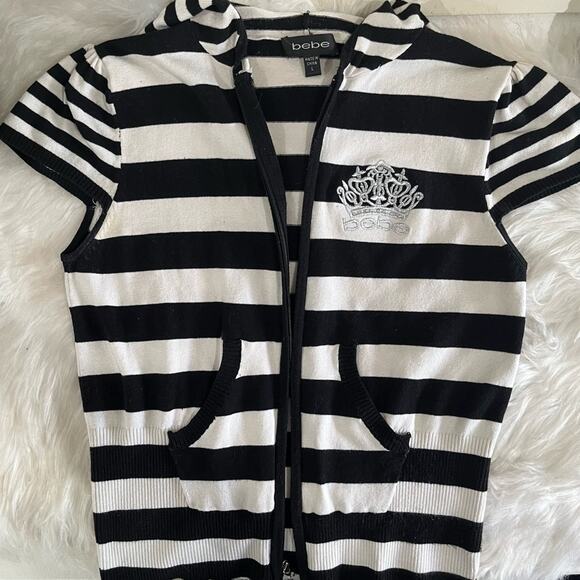 Bebe Silk Striped Y2K Bling Crown Rhinestone Athleisure Zipper Hoodie Sweater L - Picture 6 of 15